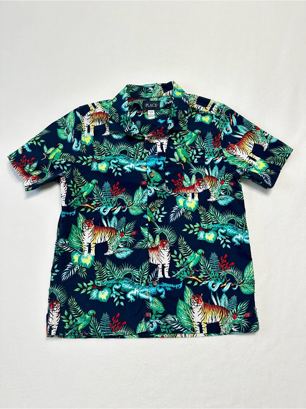 Children's Place Boys Jungle Animal Print Button Down Shirt Large 10/12 Navy
